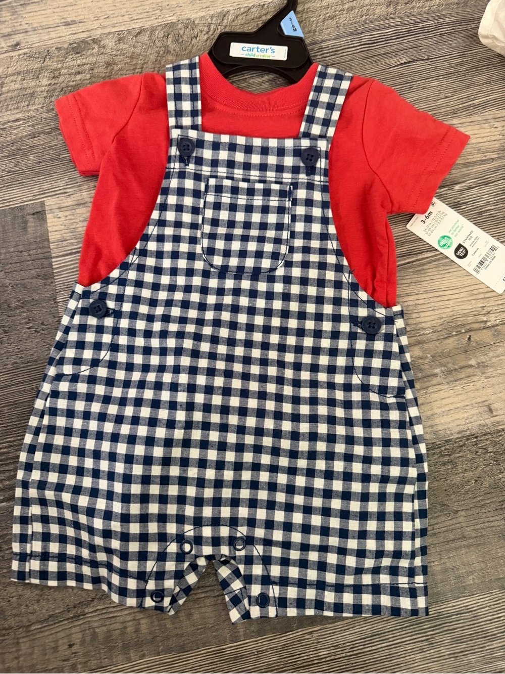 NWT Carter’s Gingham Shortall romper Red Tee Set Baby Boy 3-6M Plaid White Blue